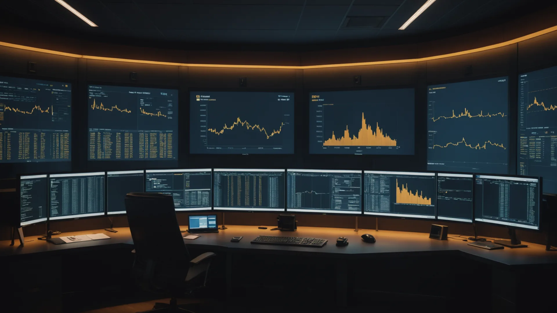 Trading operations desk environment showing multiple monitors with dense financial data on a dark background